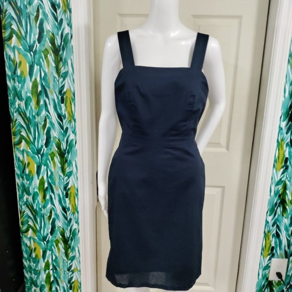 Banana Republic Organic Cotton Prarie Schoolgirl Square Neck Sheath Dress Navy 4 - Picture 2 of 13